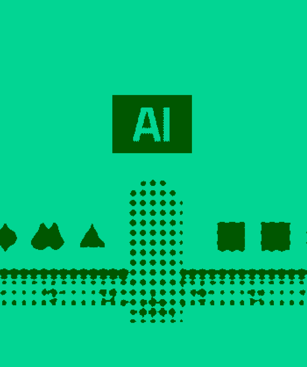 Halftone illustration of an AI tile above a grid of assorted shapes