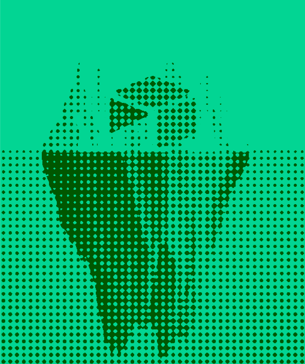 Halftone illustration of an iceberg with most of its mass below the waterline