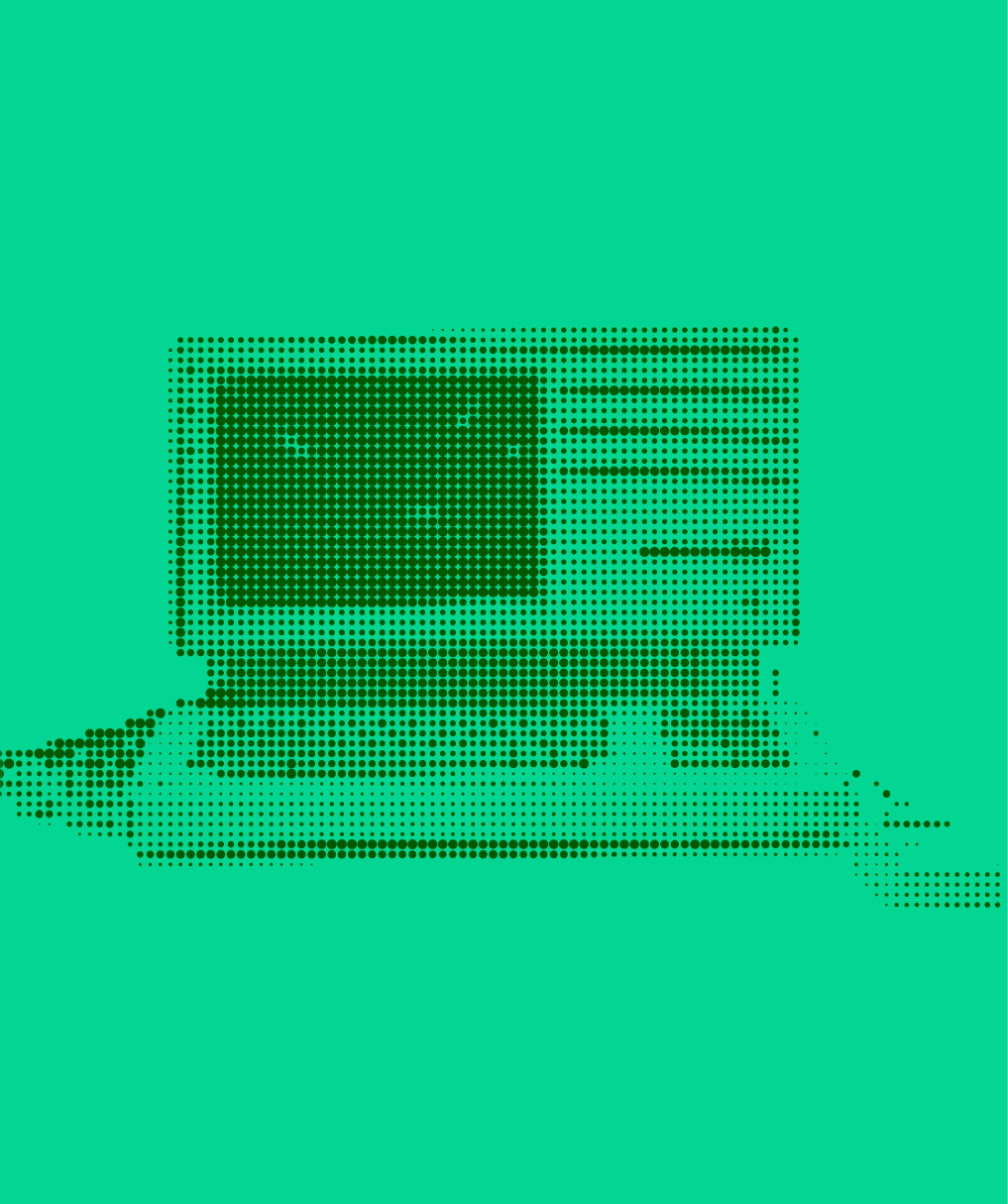 Halftone illustration of an open laptop showing a blank window