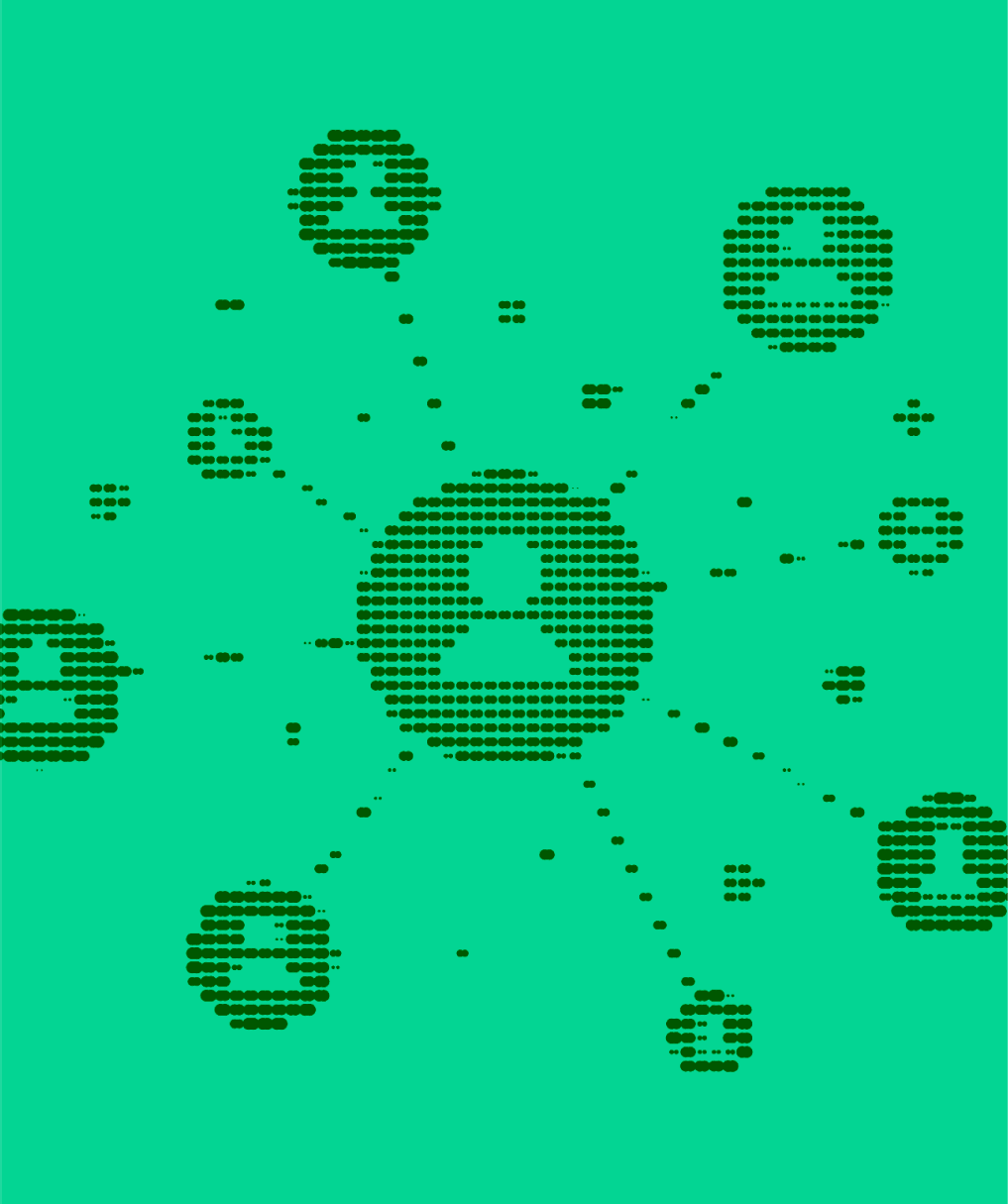 Halftone illustration of person icons connected by a dotted network