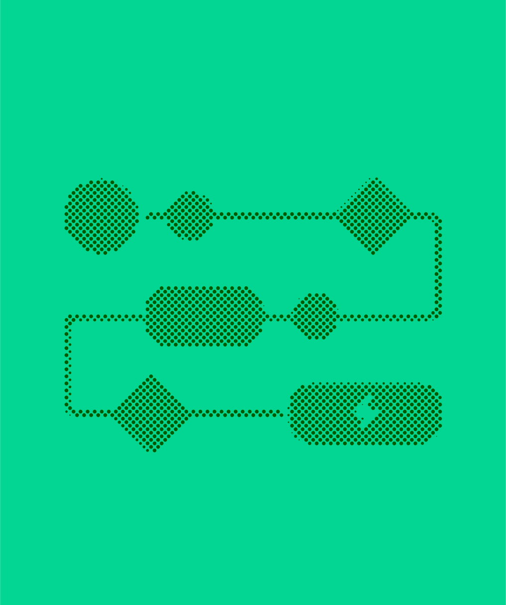 Halftone illustration of a flowchart with nodes linked by dotted paths