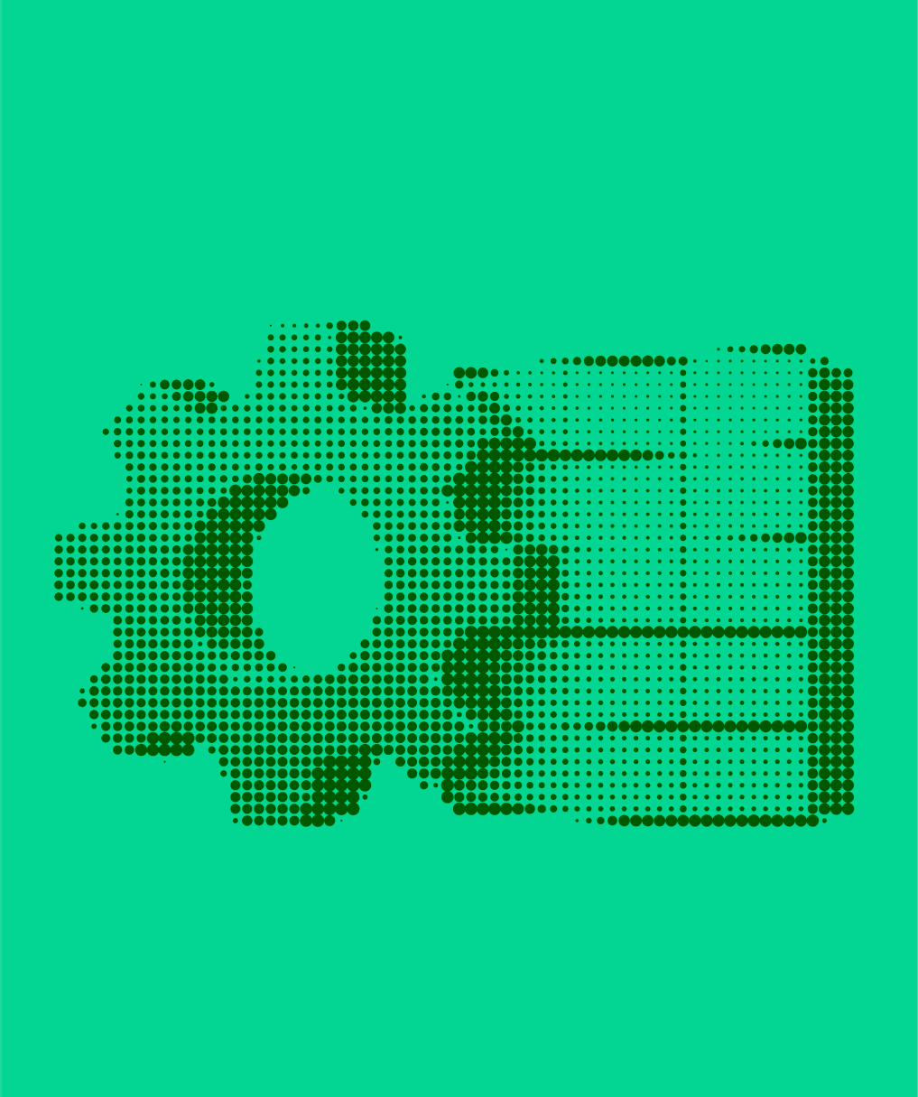 Halftone illustration of a gear meshed with a stack of documents