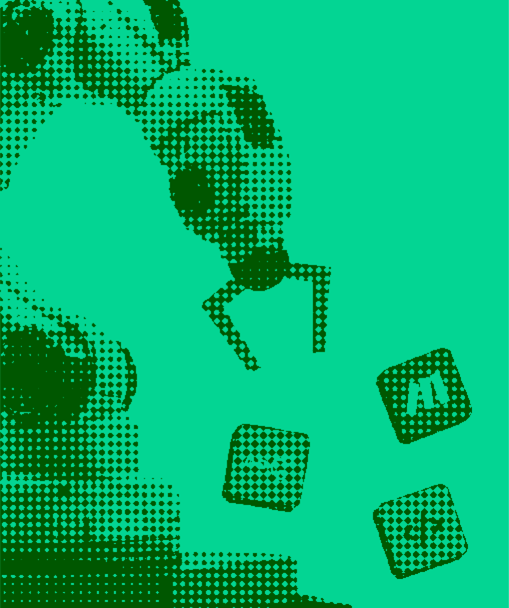 Halftone illustration of a robot arm beside floating AI and API tiles